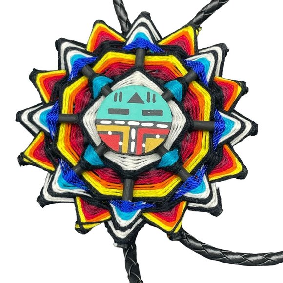 Hopi Sun Kachina Mask Bolo Tie Kawa Sterling Silver Ends Yarn Weave